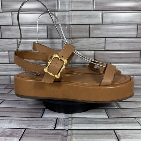 Schutz Women's Brown Leather Wavy Ankle Strap Platform Sandal Shoe Size 9.5-NEW - Picture 1 of 9
